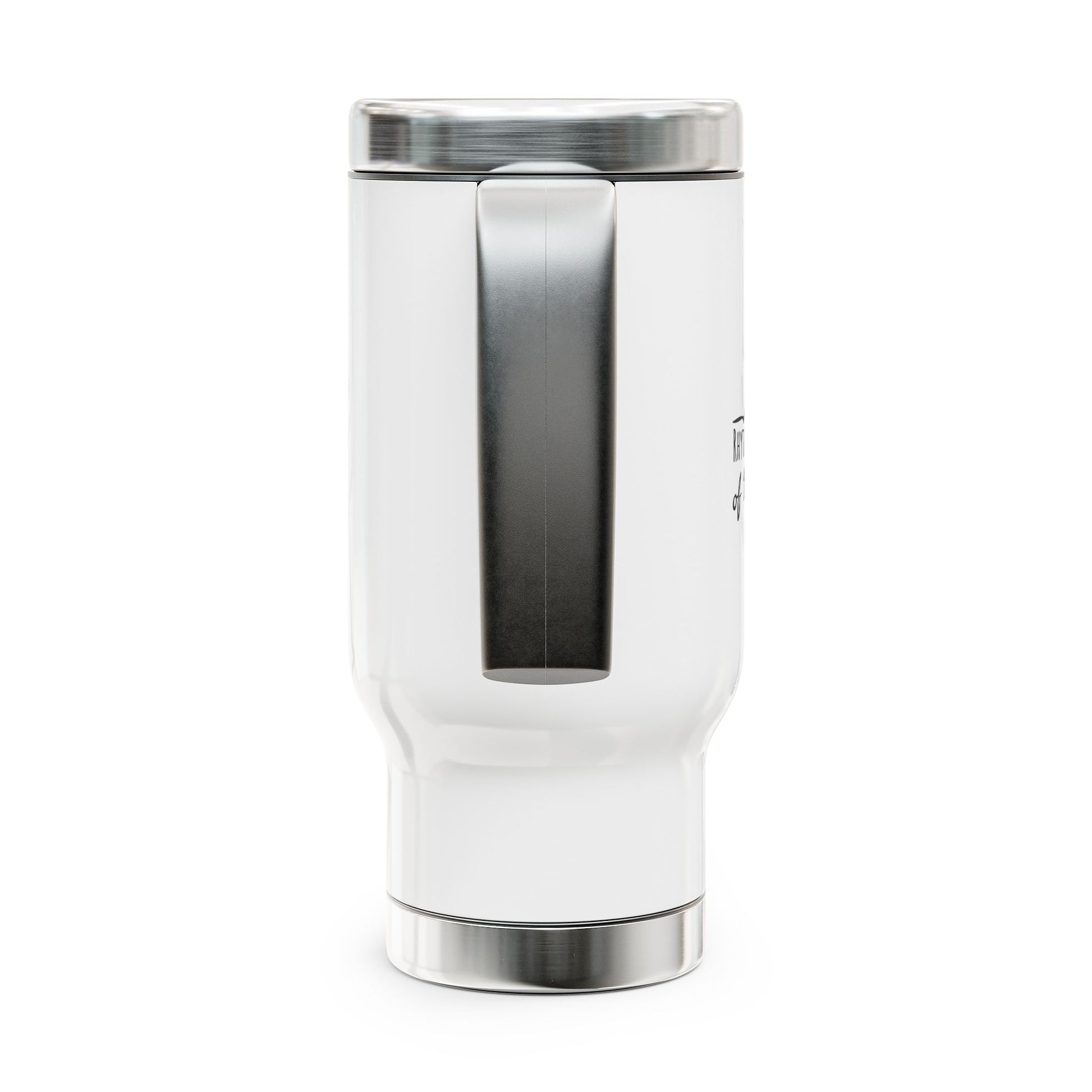 White tumbler with silver lid on a white background