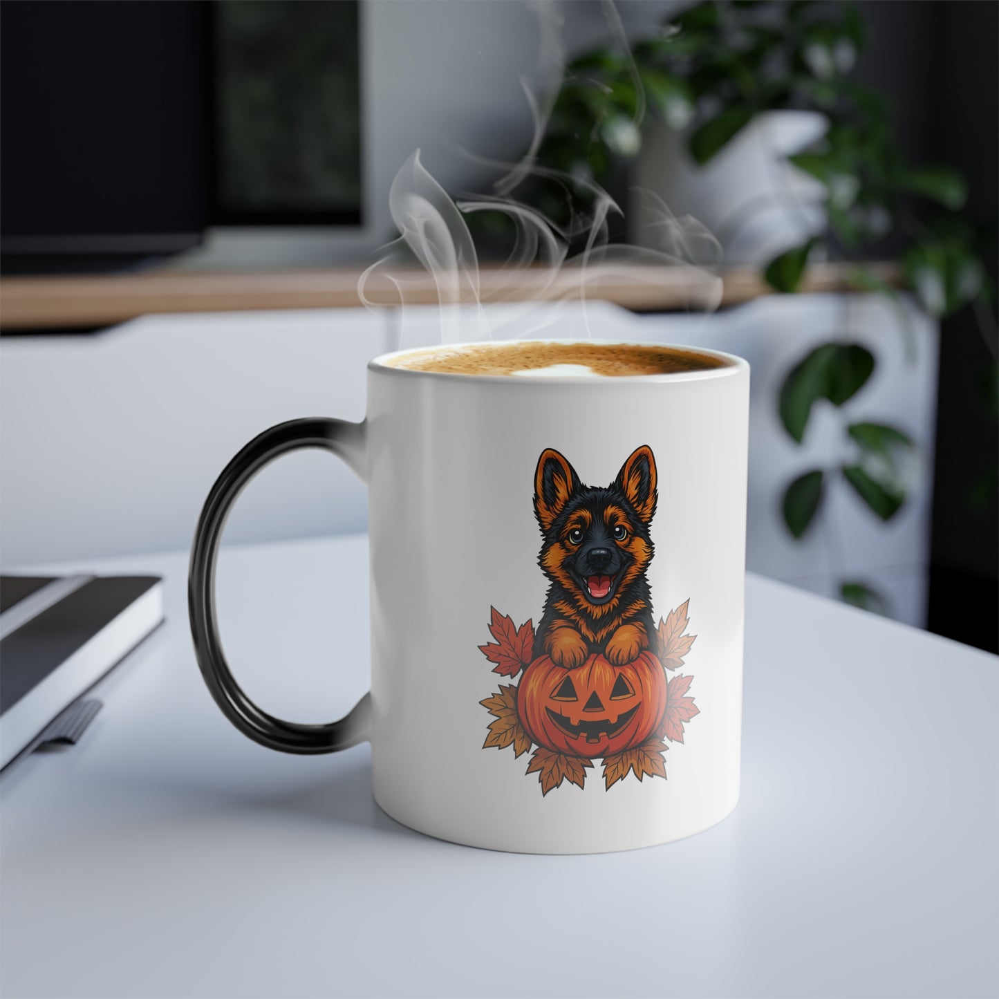 White mug with a black handle featuring a dog and pumpkin design, steaming hot.