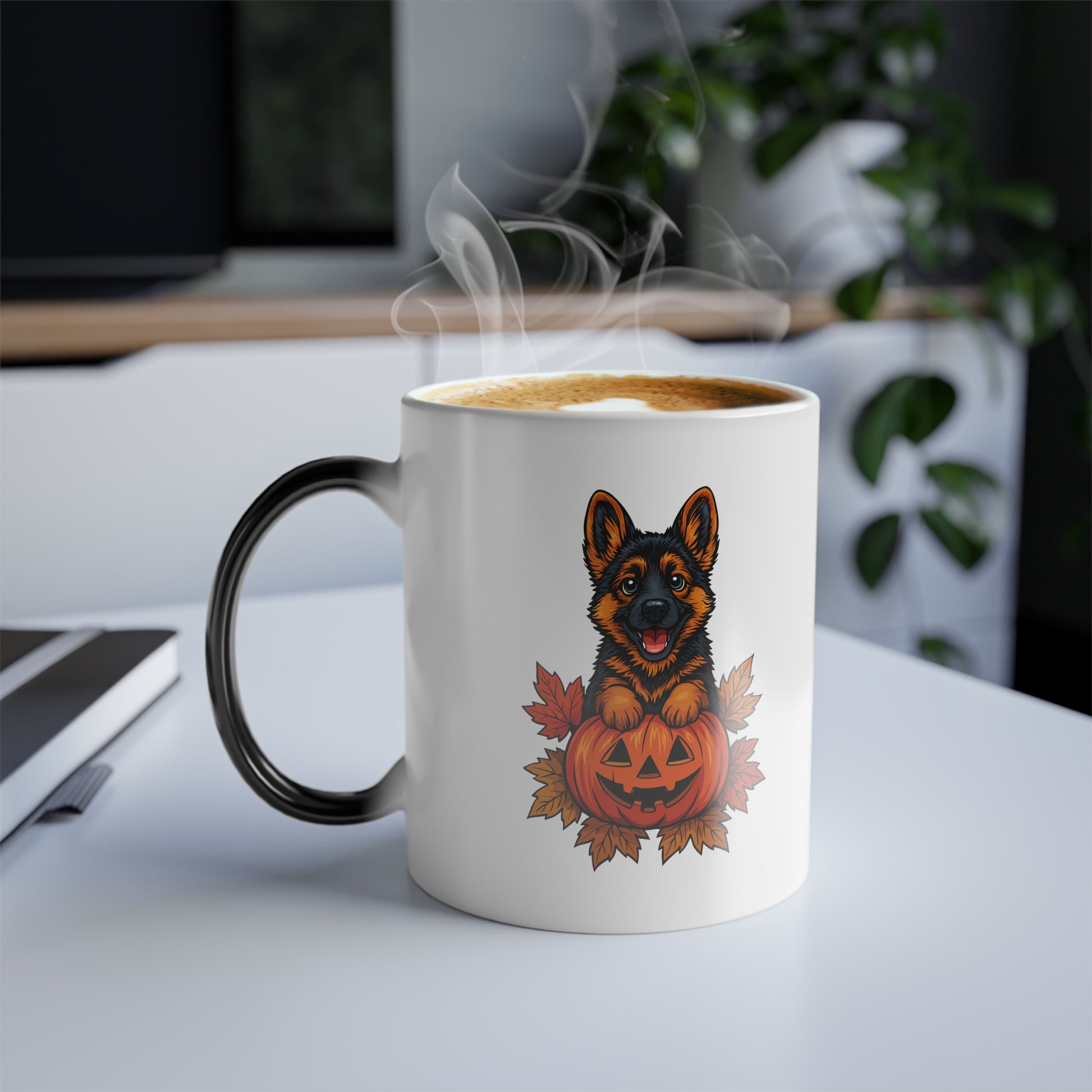 White mug with a black handle featuring a dog and pumpkin design, steaming hot.
