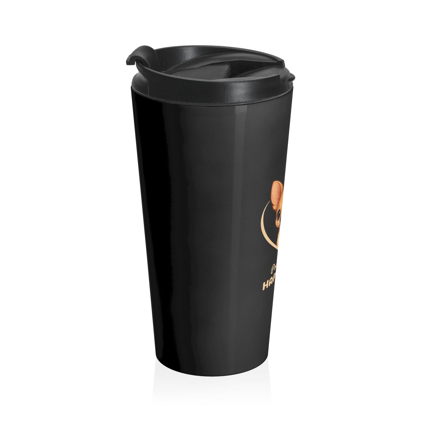 Black travel mug with a logo on a white background