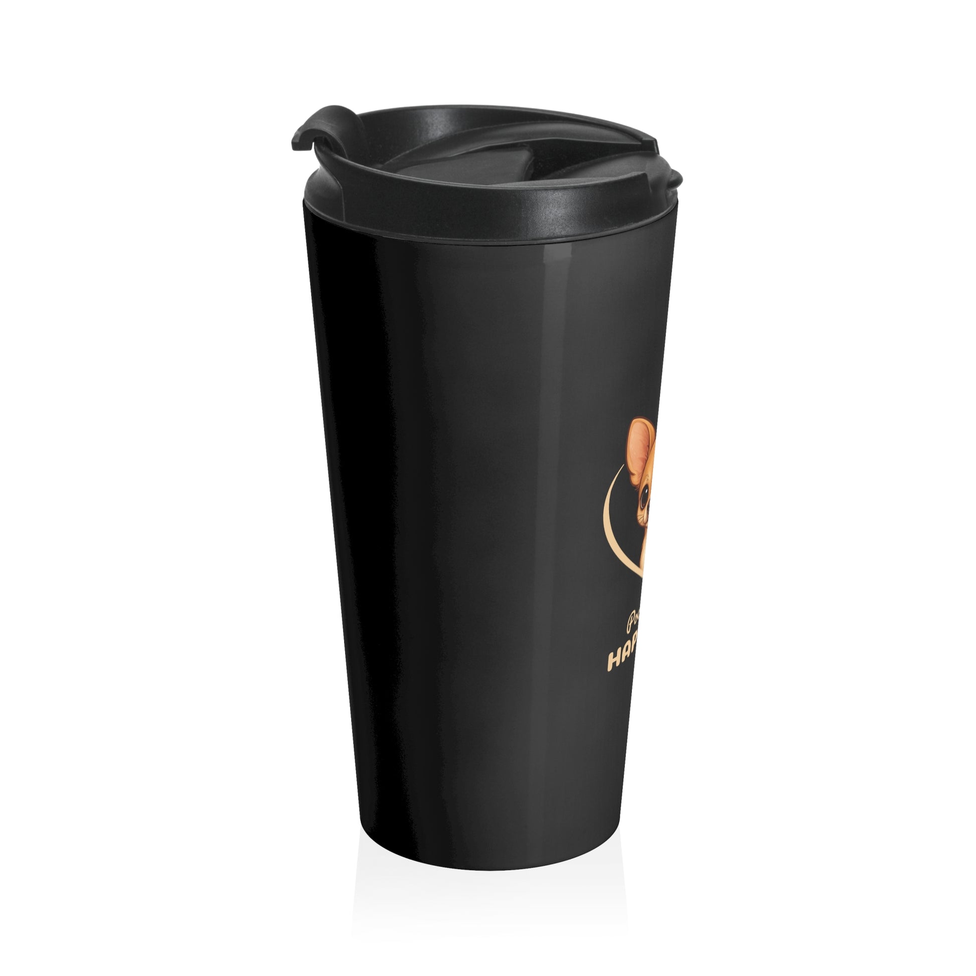 Black travel mug with a logo on a white background