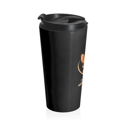 Black travel mug with a logo on a white background