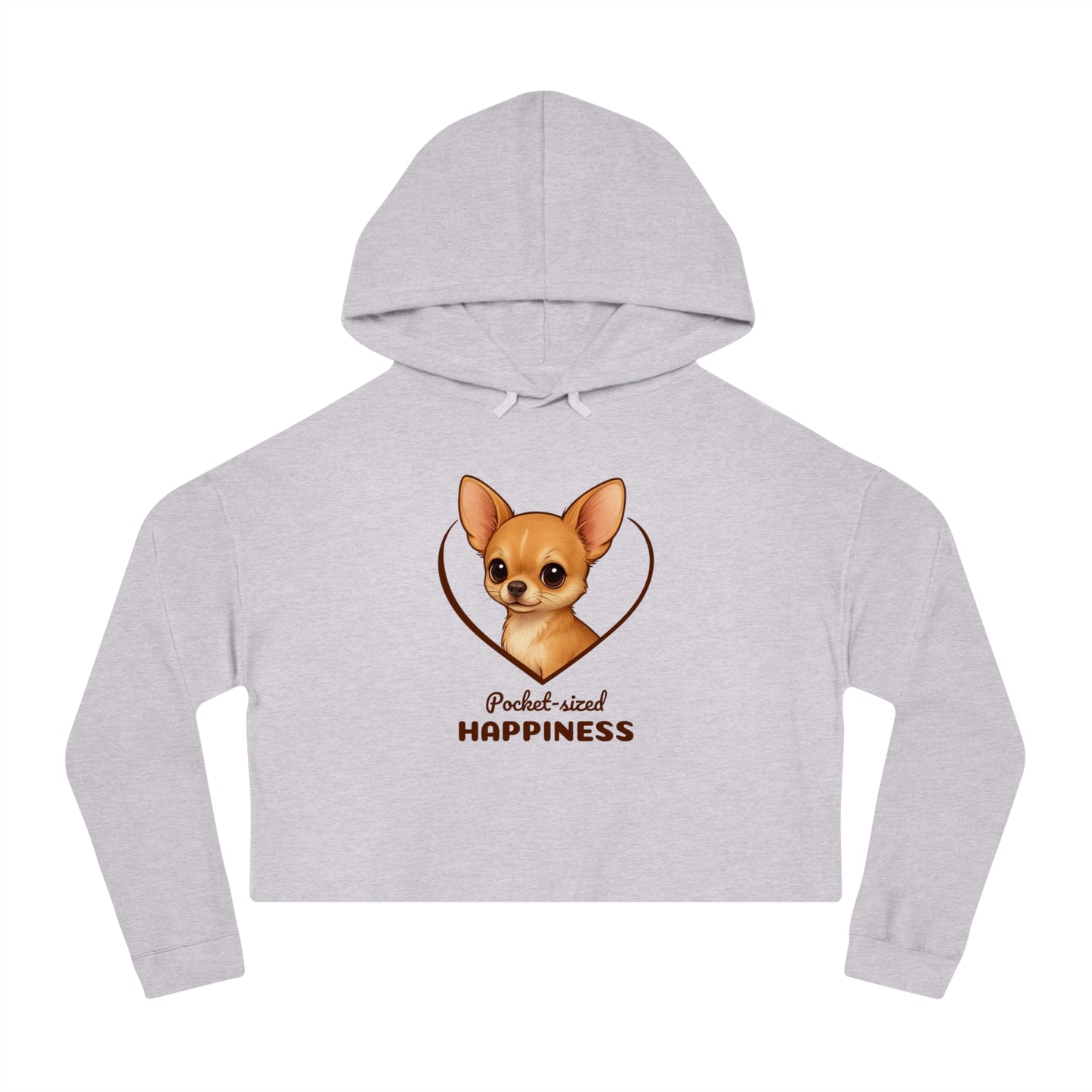 Gray cropped hoodie with a dog graphic and 'Pocket-sized Happiness' text on a white background