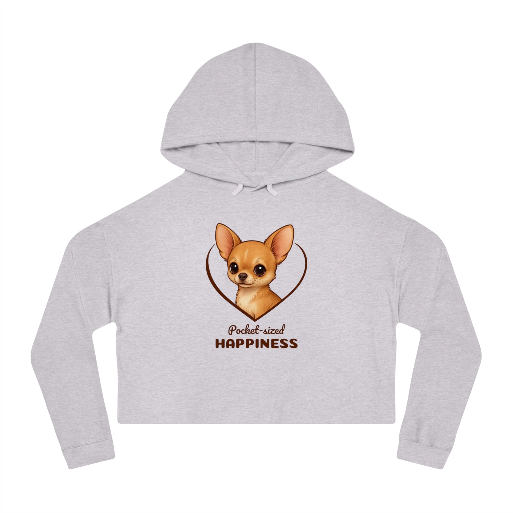 Gray cropped hoodie with a dog graphic and 'Pocket-sized Happiness' text on a white background