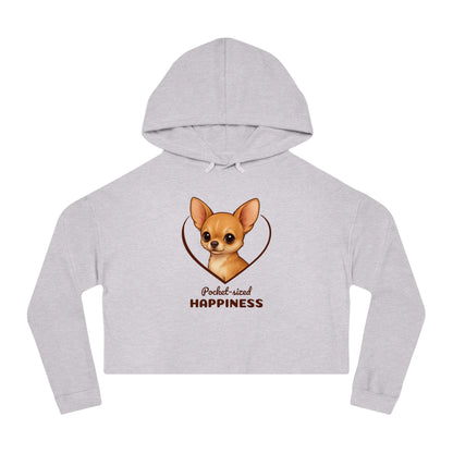 Gray cropped hoodie with a dog graphic and 'Pocket-sized Happiness' text on a white background
