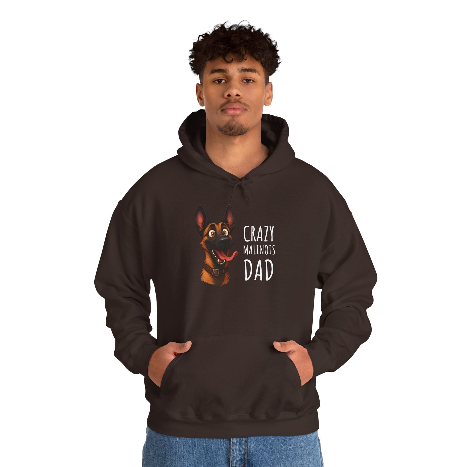 Person wearing a black hoodie with a dog graphic and text on a white background