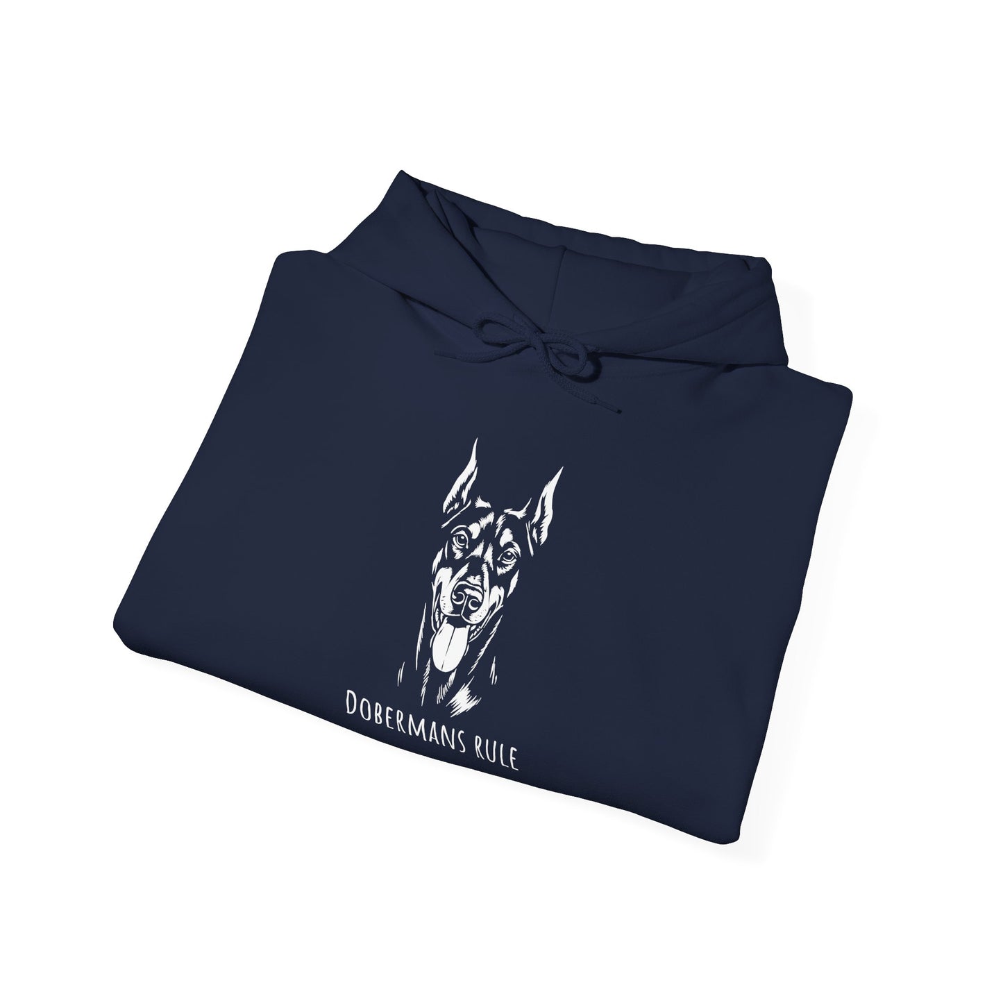 Folded navy blue hoodie with a white dog illustration and 'Dobermans Rule' text on a white background