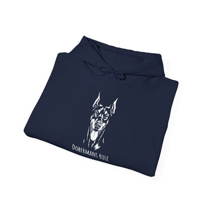 Folded navy blue hoodie with a white dog illustration and 'Dobermans Rule' text on a white background