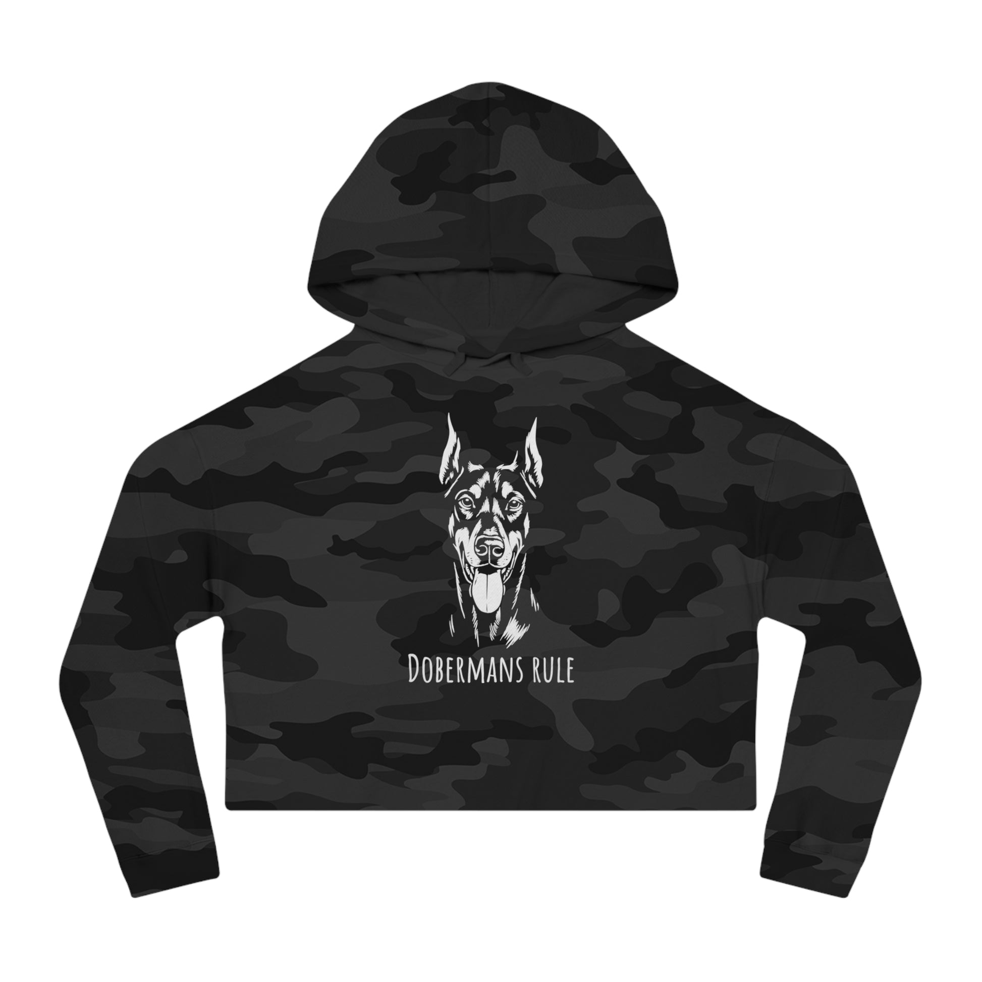 Black camouflage hoodie with Doberman design on a white background