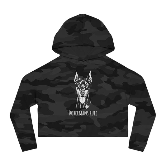 Black camouflage hoodie with Doberman design on a white background