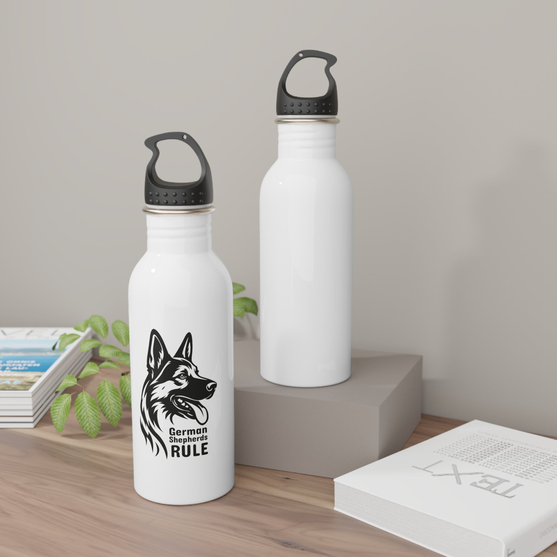 Two white water bottles with black lids on a wooden surface.