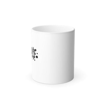 White mug with a black logo on a white background