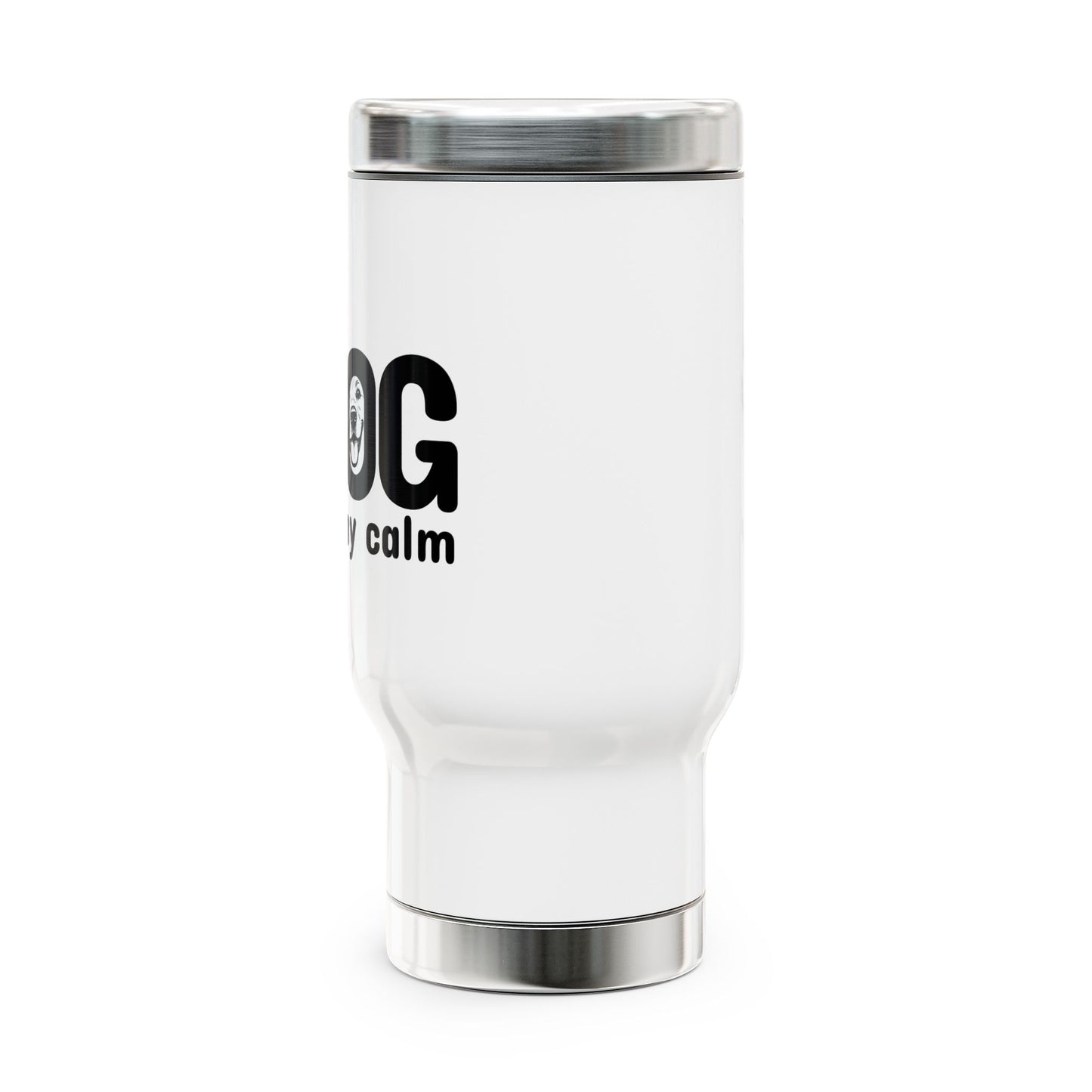 White tumbler with black text on a white background