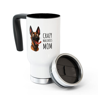 White travel mug with black handle and 'Crazy Malinois Mom' text and dog illustration on a white background