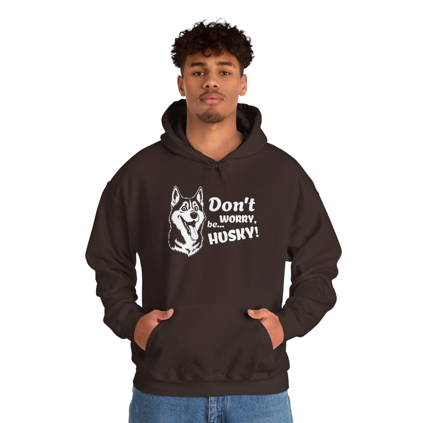 Person wearing a black hoodie with a husky graphic and text on a white background