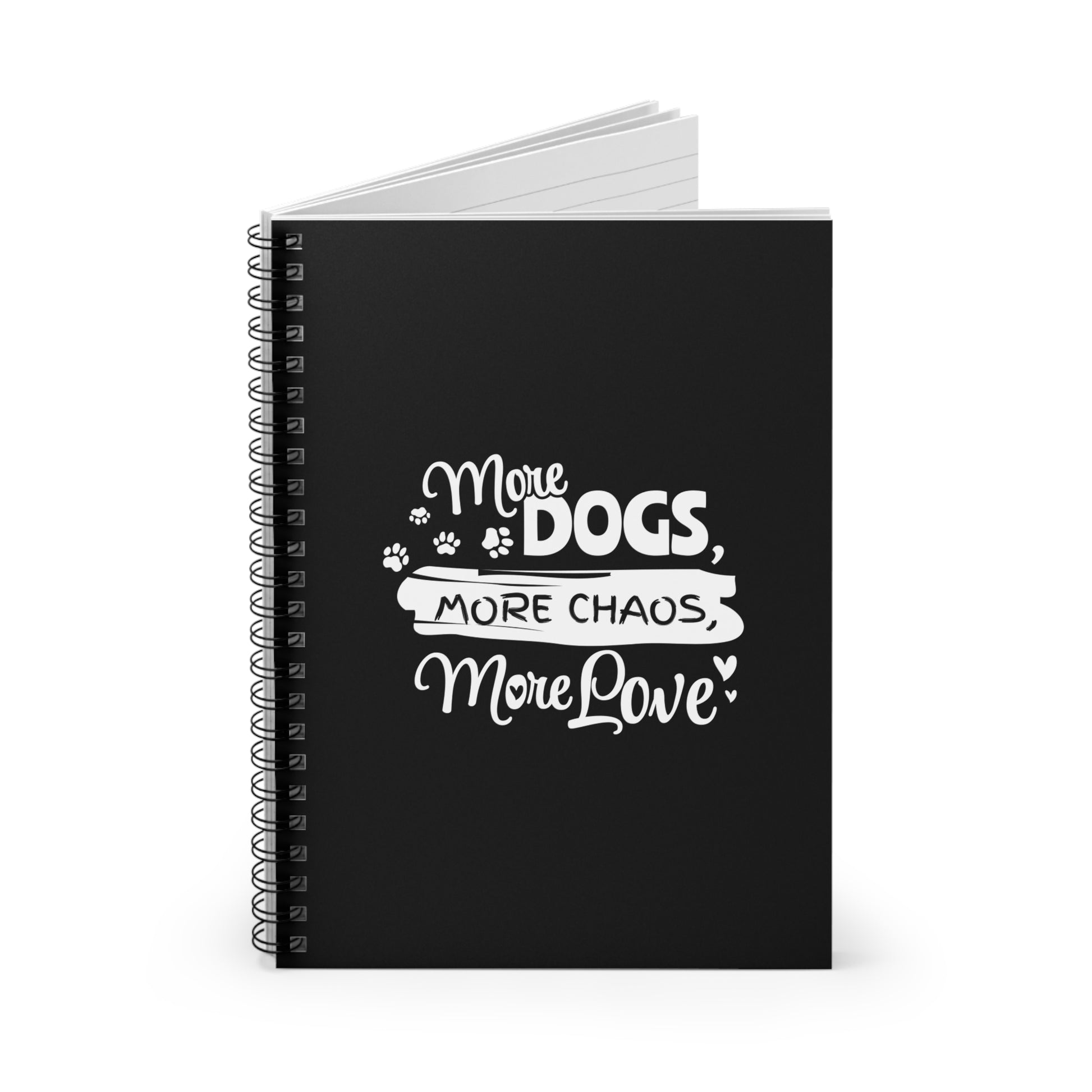 Black notebook with white text and paw prints on a white background