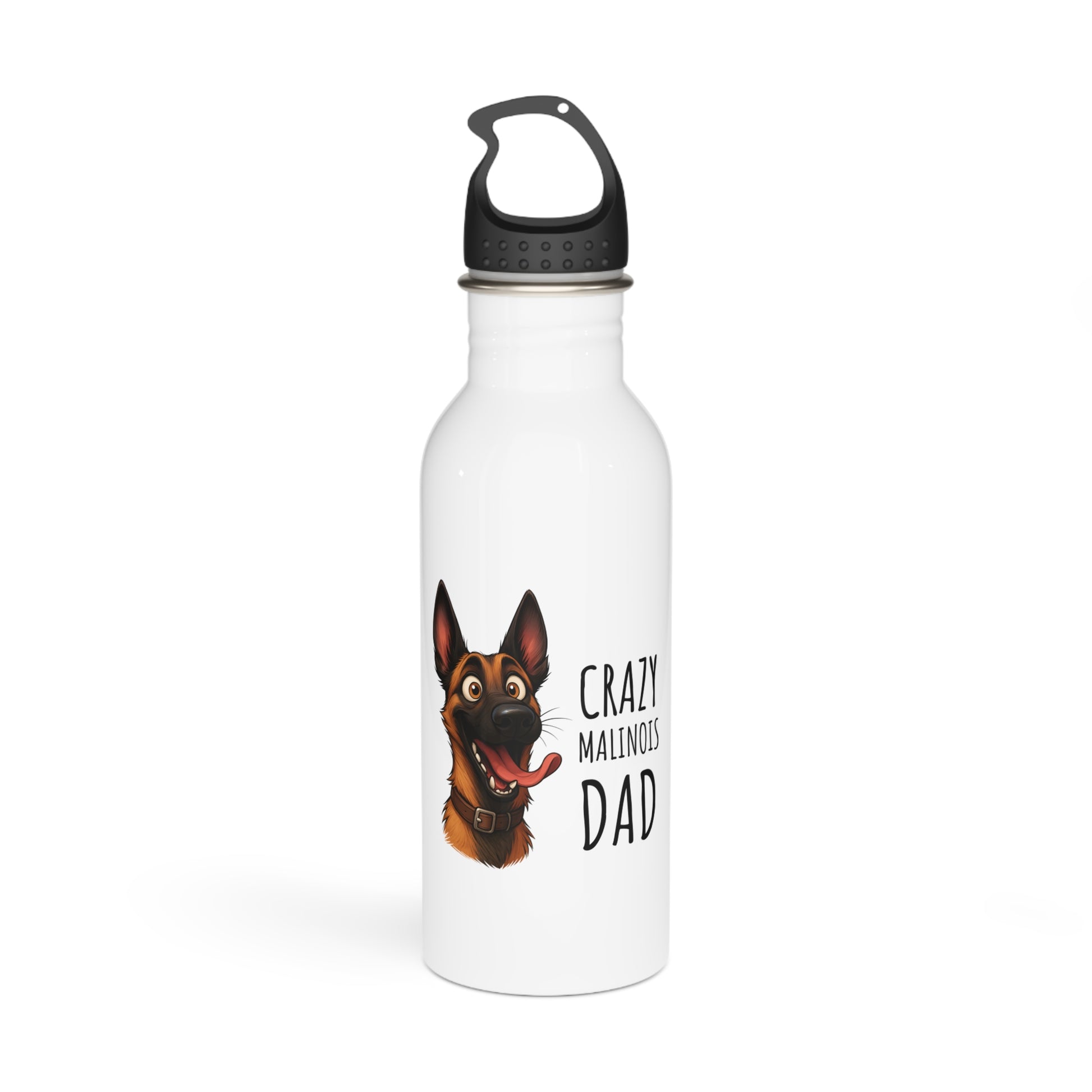 White water bottle with a dog illustration and text on a white background