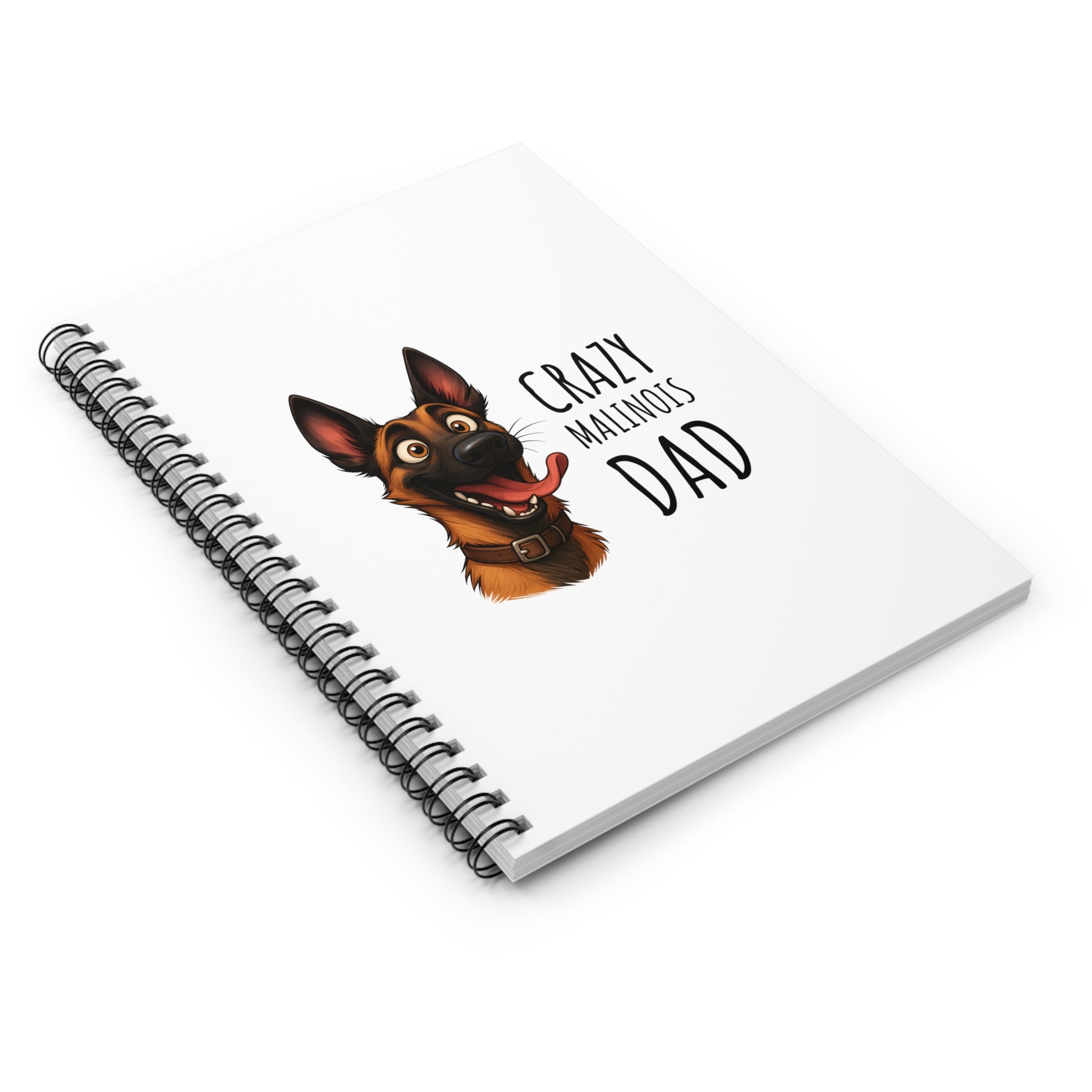 Notebook with a dog illustration and 'Crazy Malinois Dad' text on a white background
