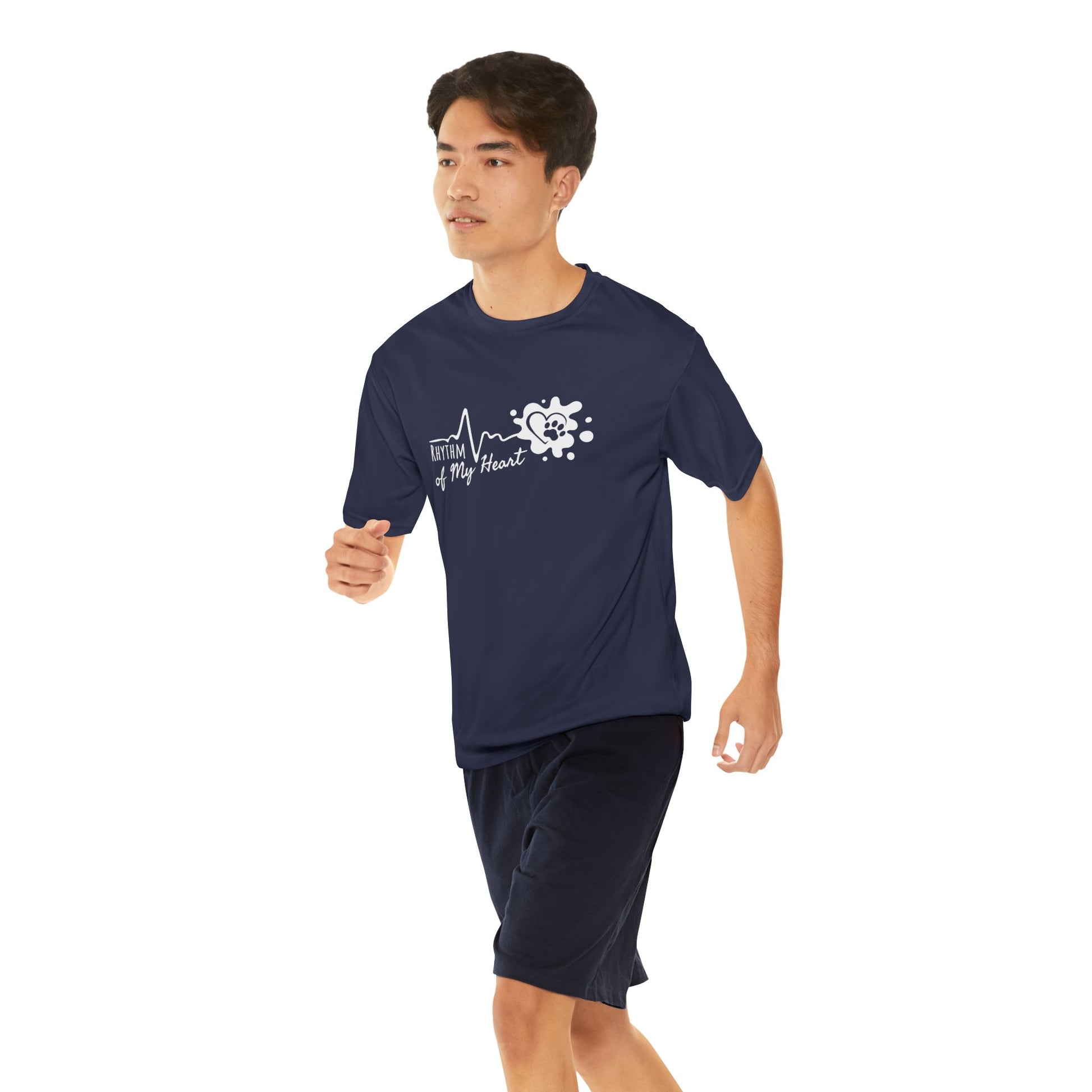 Person wearing a navy blue t-shirt with a design on a white background