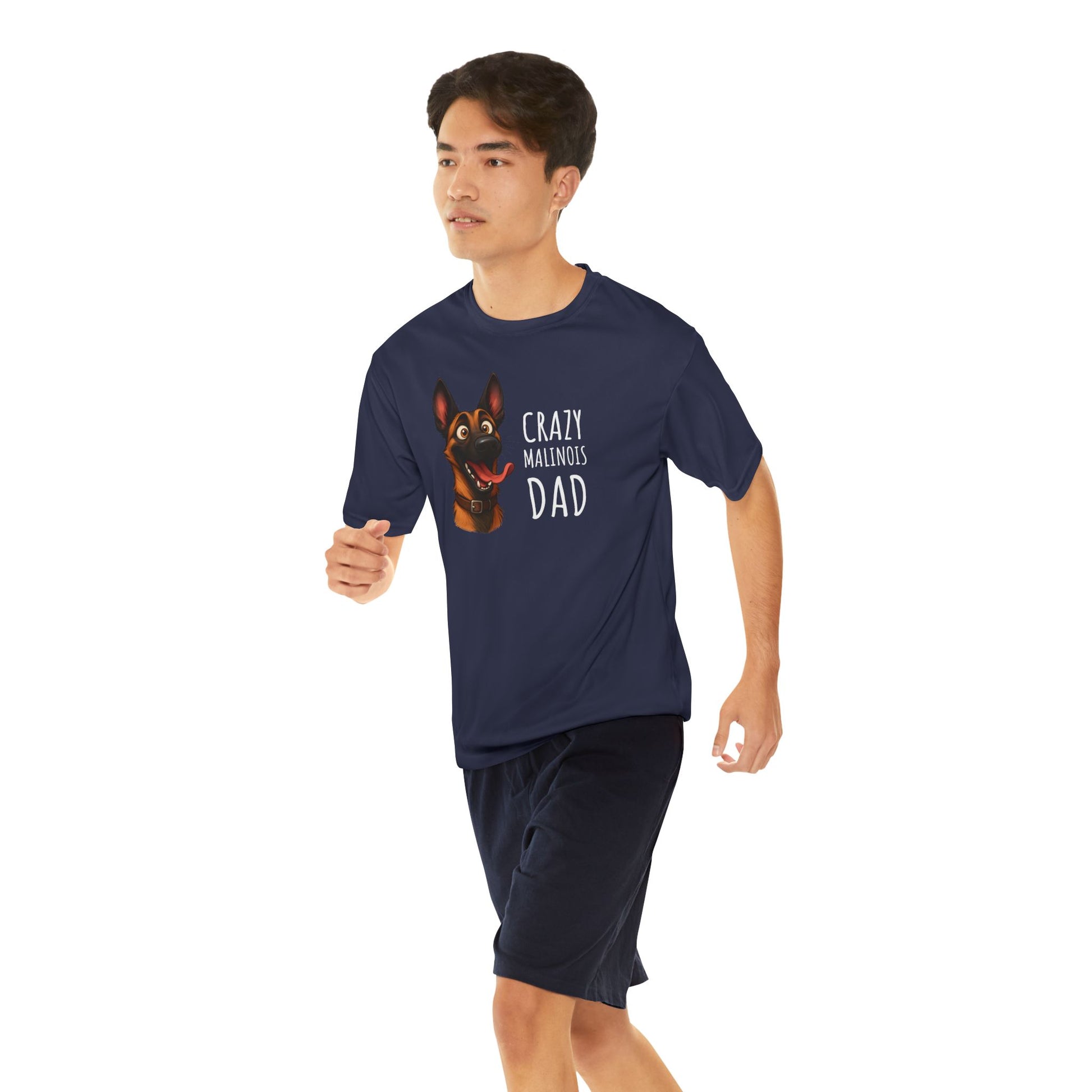 Person wearing a navy blue t-shirt with a graphic and text on a white background