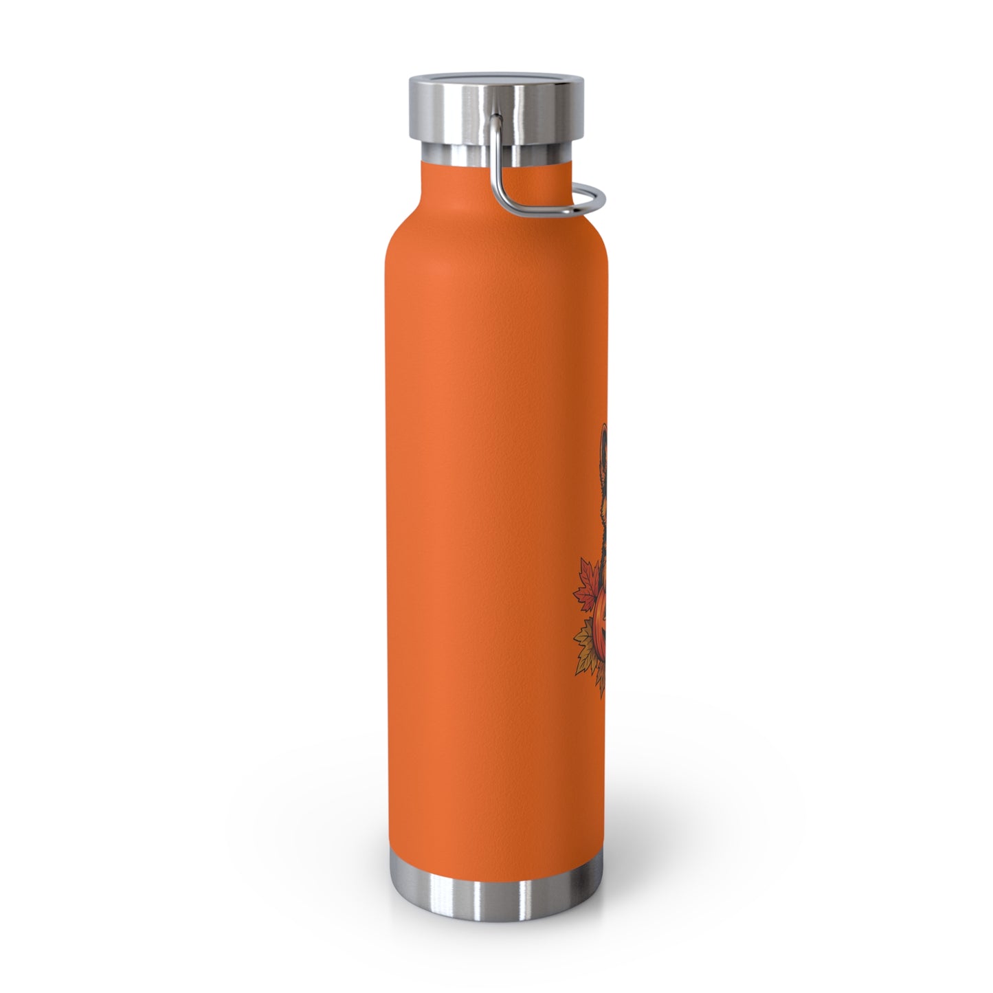 Orange water bottle with silver cap and base on a white background