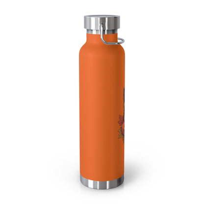Orange water bottle with silver cap and base on a white background
