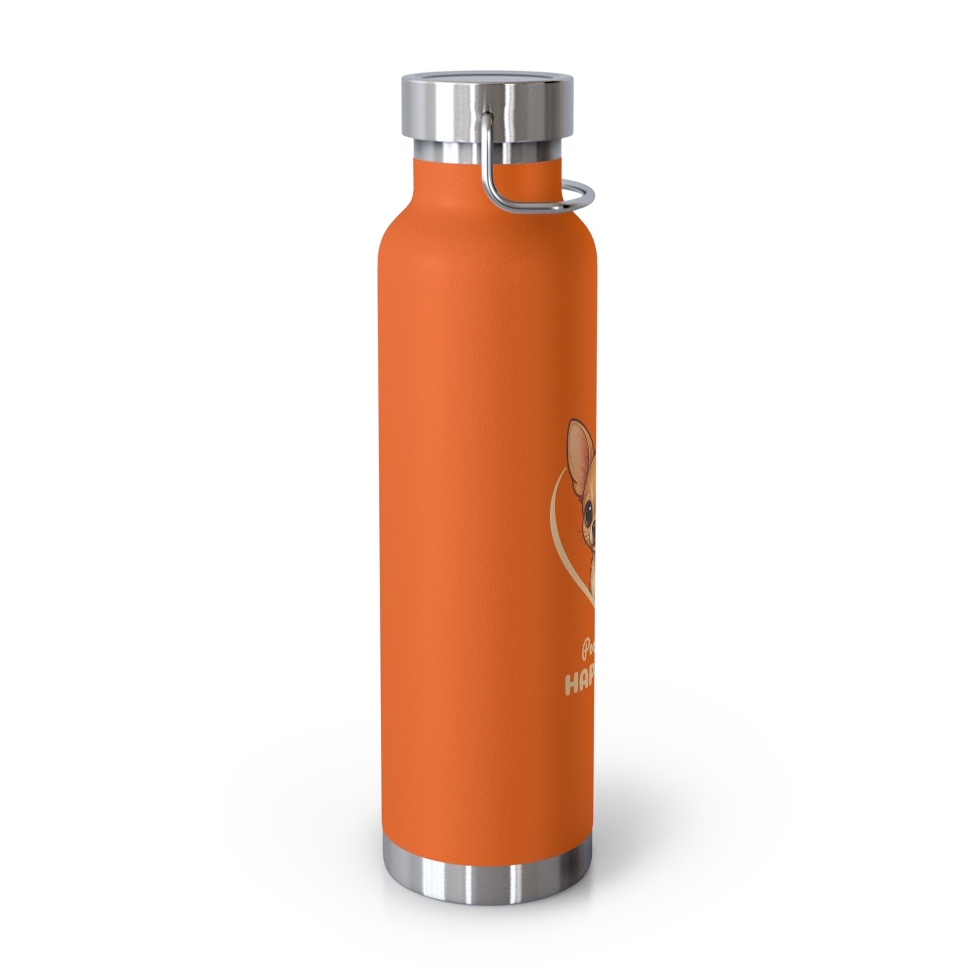 Orange water bottle with silver cap on a white background