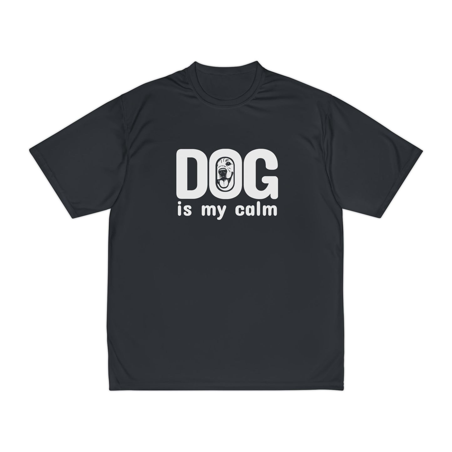 Black t-shirt with 'DOG is my calm' text on a white background