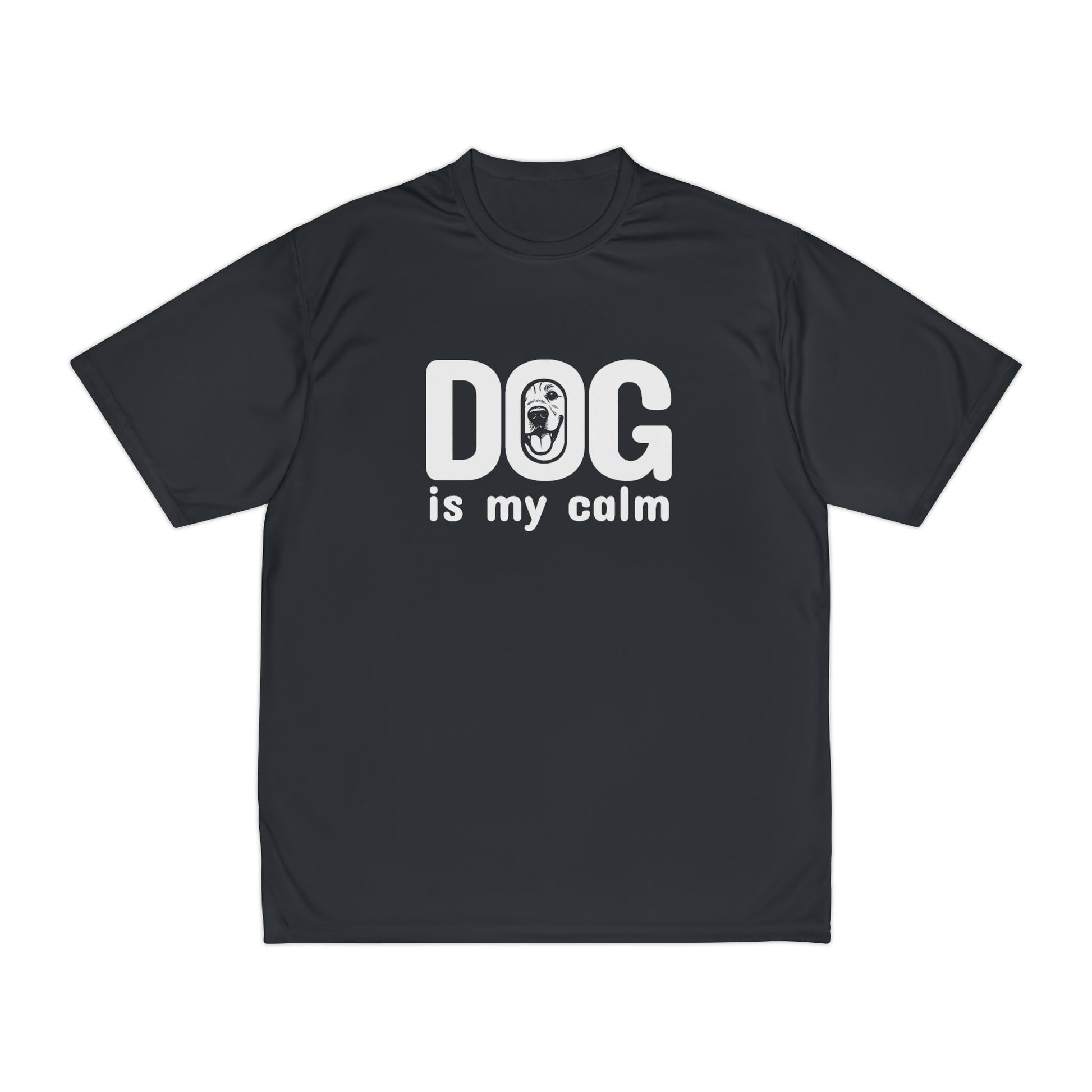 Black t-shirt with 'DOG is my calm' text on a white background