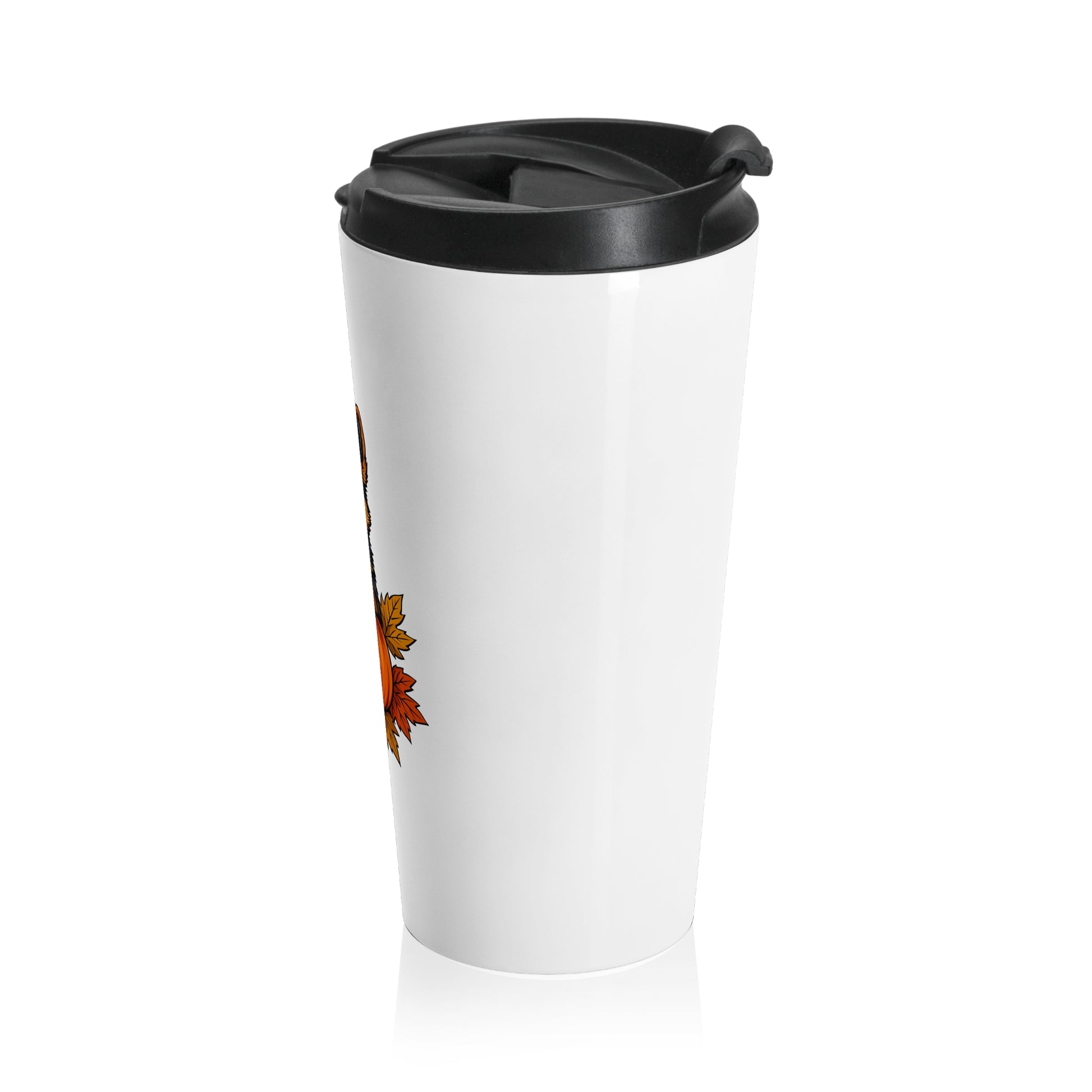 White travel mug with black lid featuring a colorful design on a white background