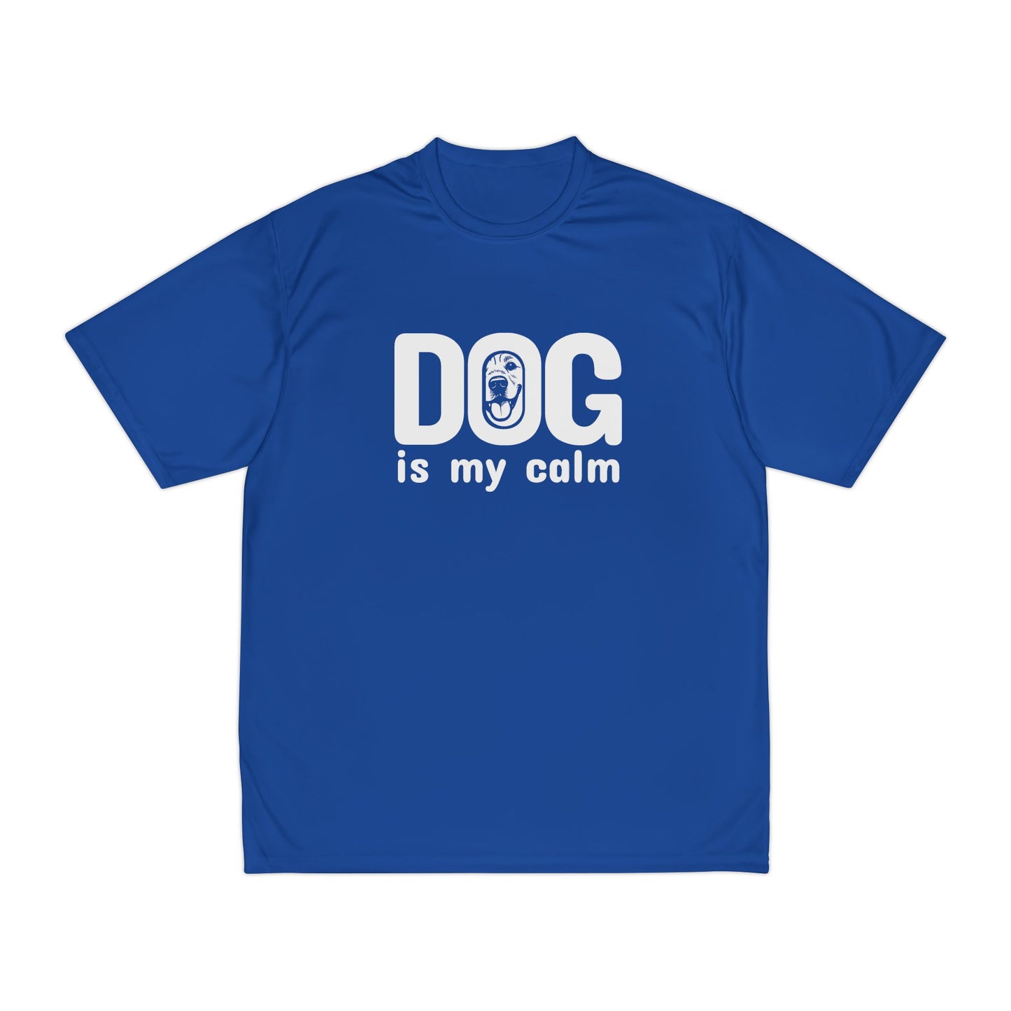 Blue t-shirt with 'DOG is my calm' text on a white background