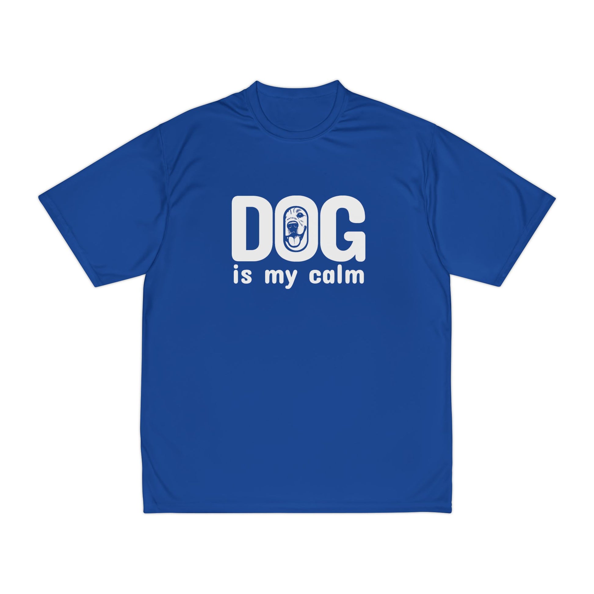 Blue t-shirt with 'DOG is my calm' text on a white background