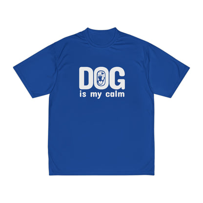 Blue t-shirt with 'DOG is my calm' text on a white background