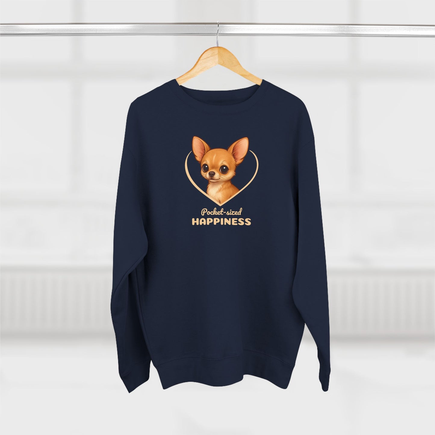 Navy blue sweatshirt with a dog illustration and text on a white background