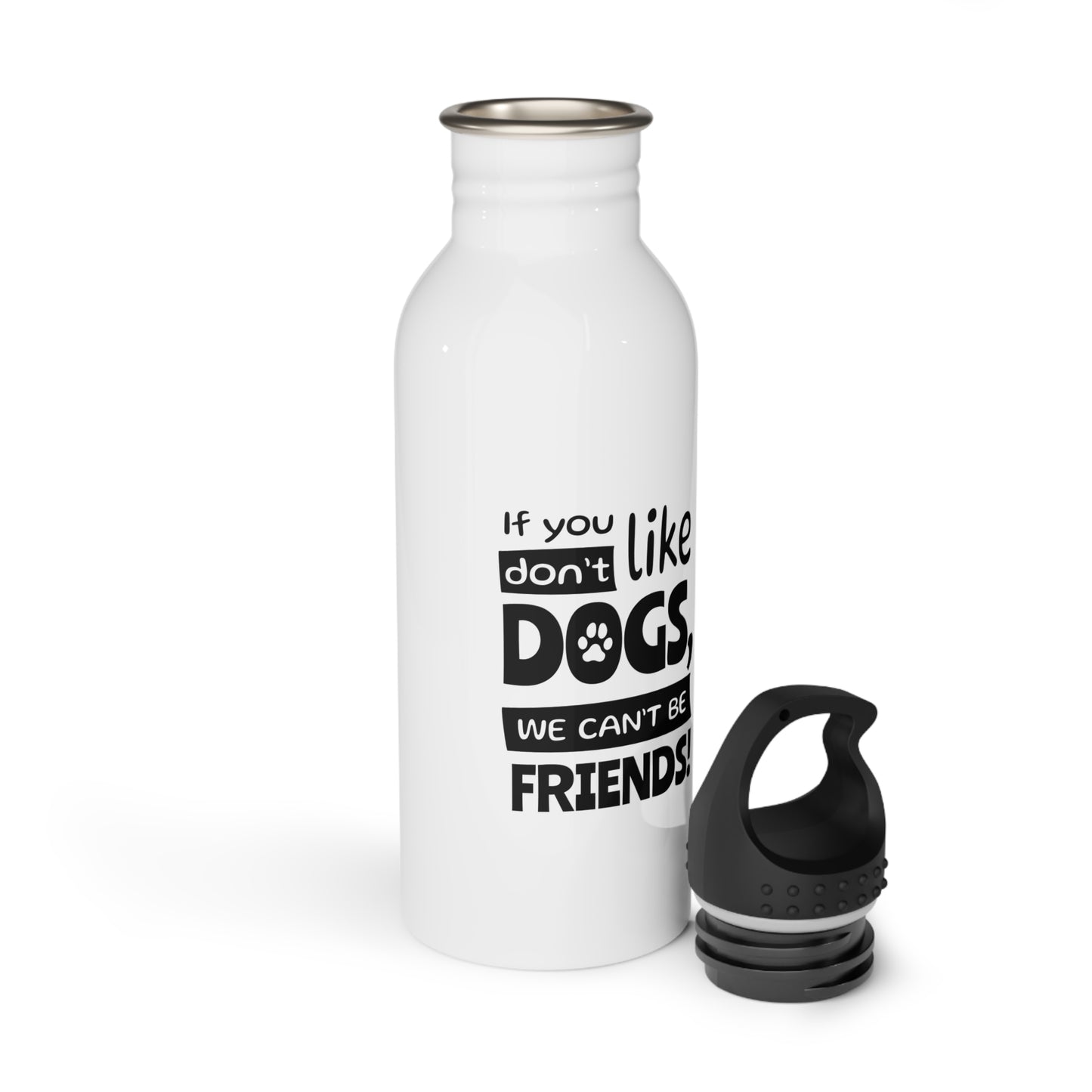 White water bottle with black text and black cap on a white background