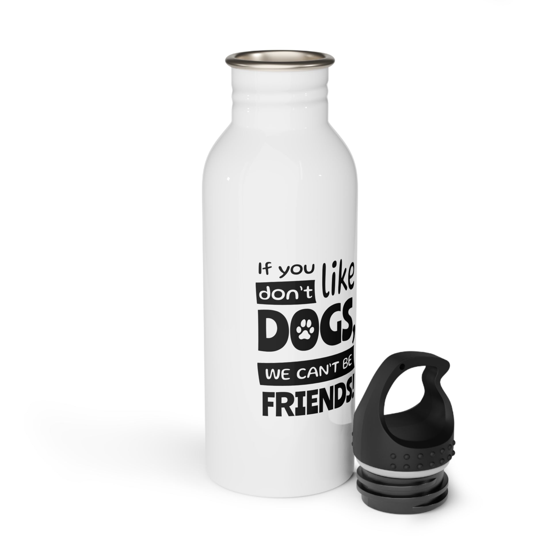 White water bottle with black text and black cap on a white background