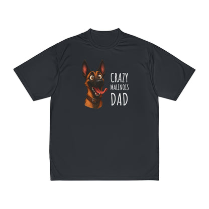 Black t-shirt with a dog graphic and text 'Crazy Malinois Dad' on a white background