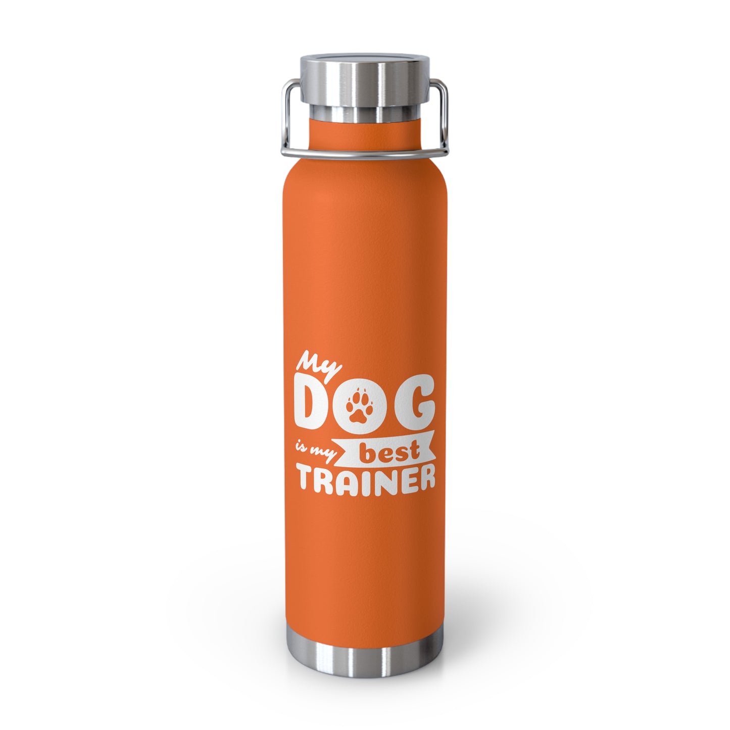 Orange water bottle with 'My dog is my best trainer' text on a white background
