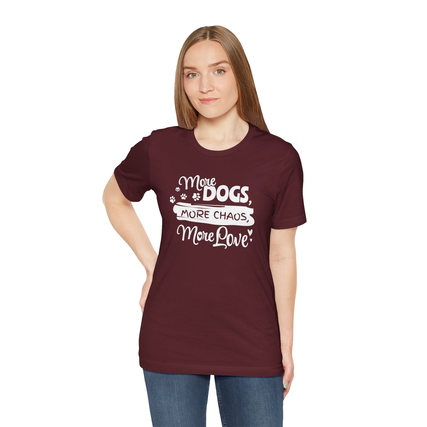 Woman wearing a maroon t-shirt with white text and paw prints on a white background