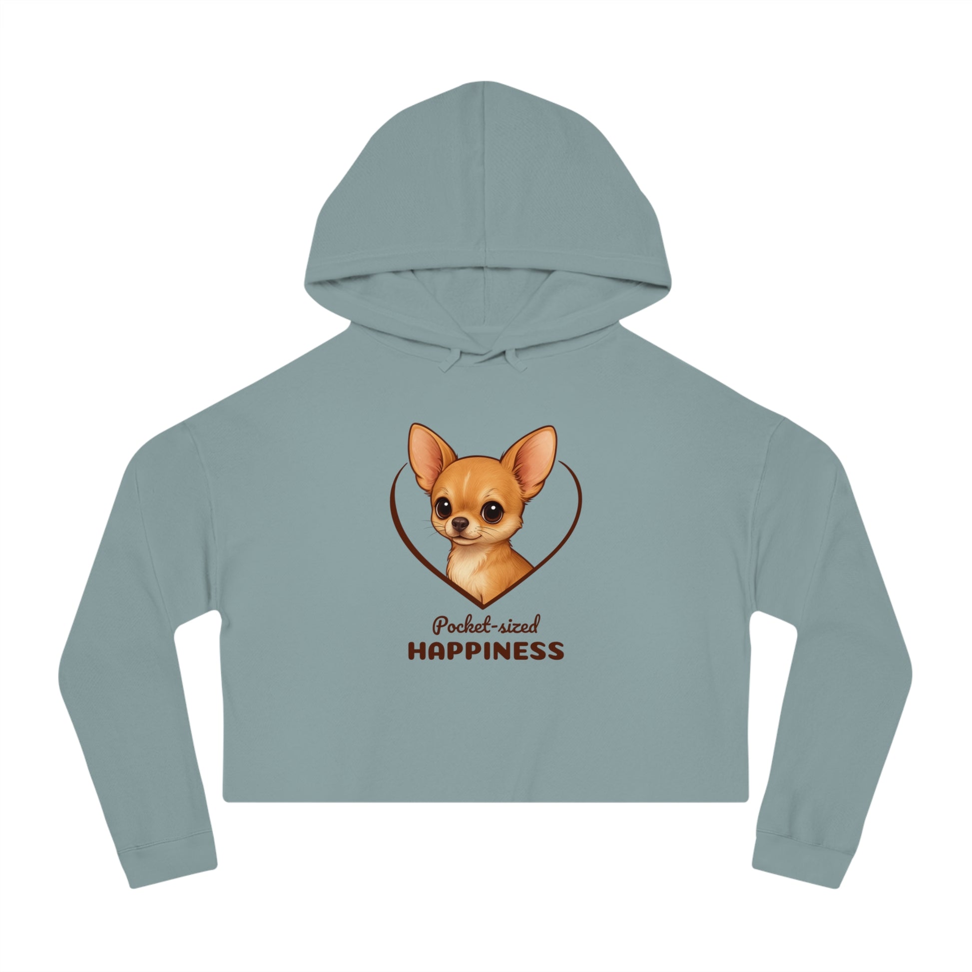 Light blue hoodie with a dog graphic and text on a white background