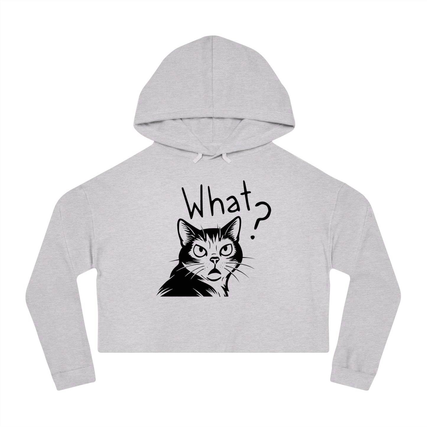 Gray cropped hoodie with a cat graphic and 'What?' text on a white background