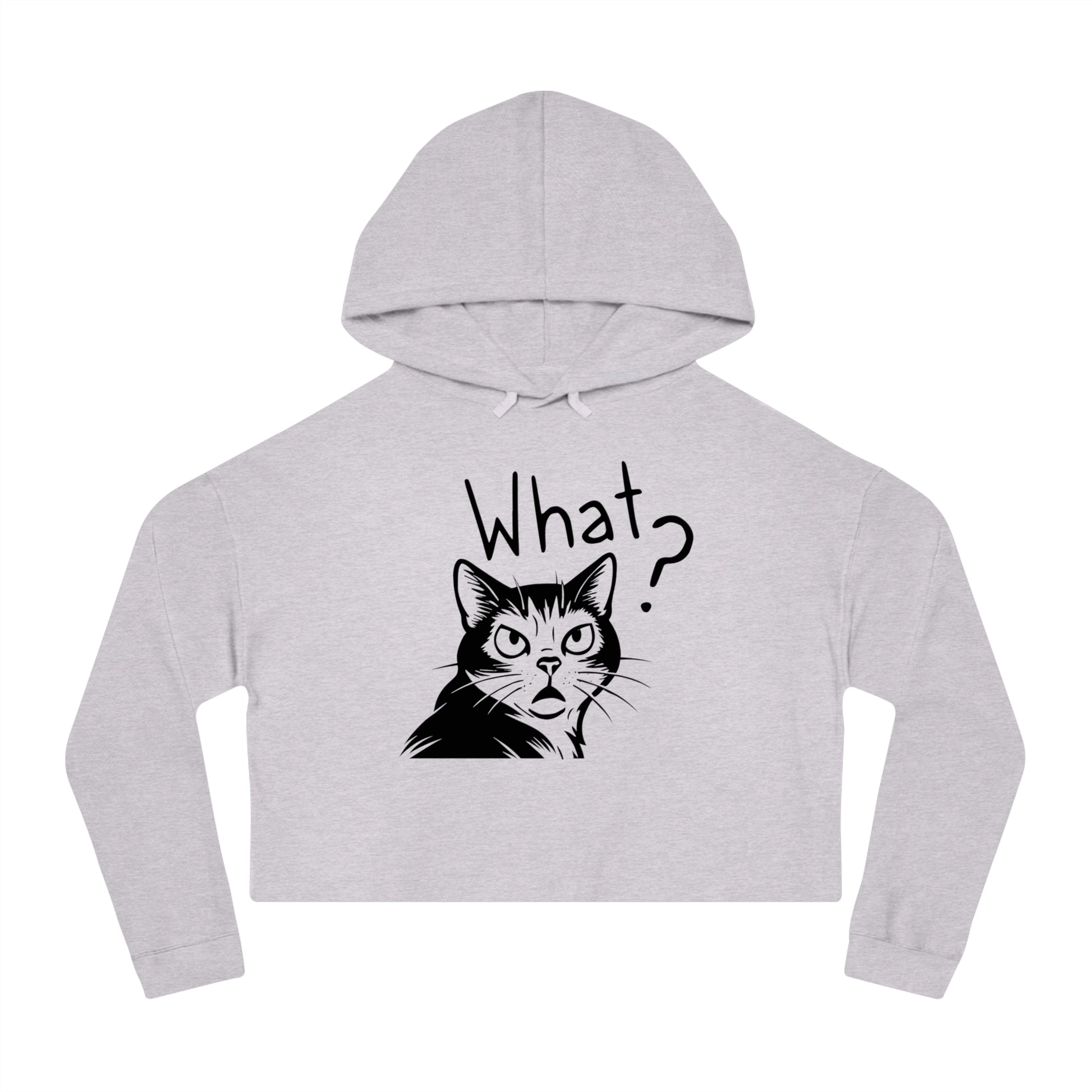 Gray cropped hoodie with a cat graphic and 'What?' text on a white background