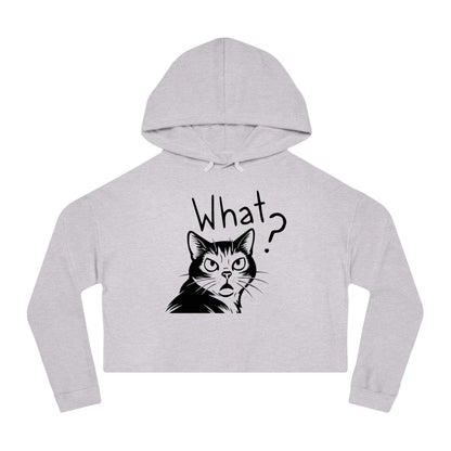 Gray cropped hoodie with a cat graphic and 'What?' text on a white background