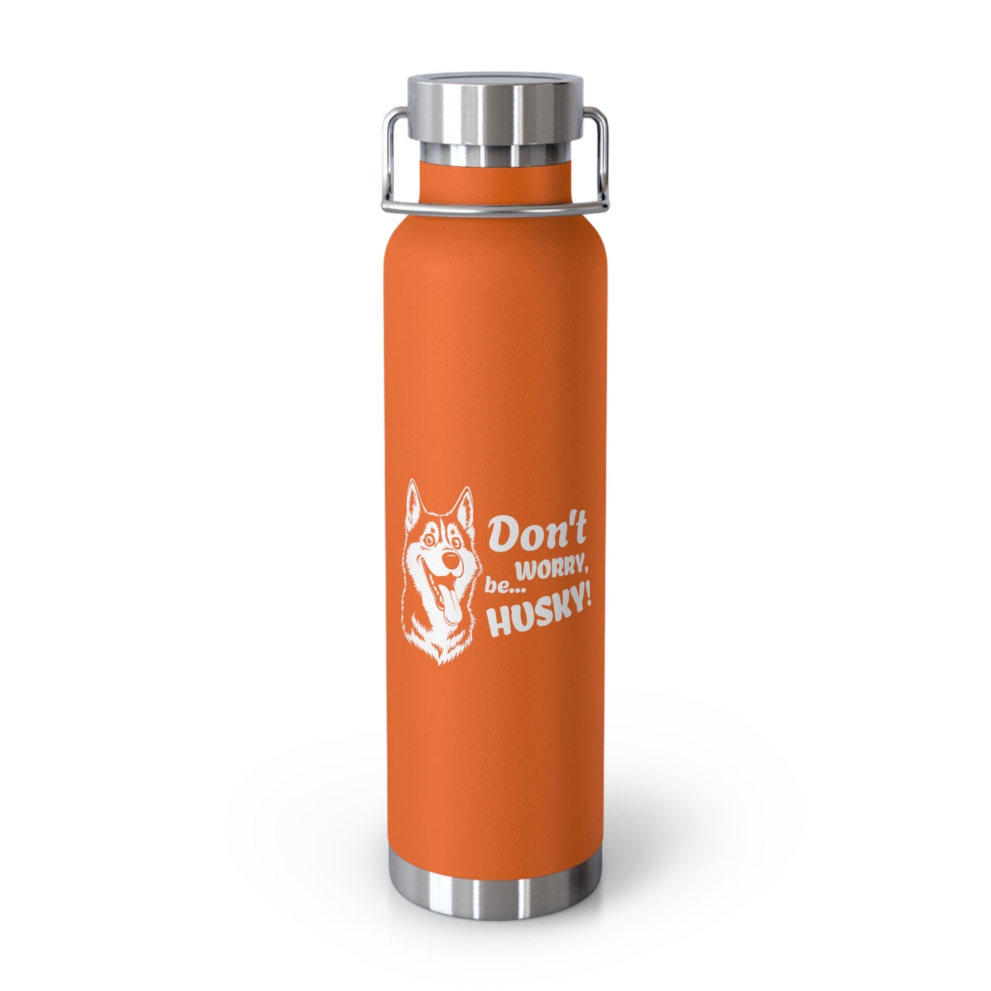 Orange water bottle with silver cap and husky dog graphic on a white background