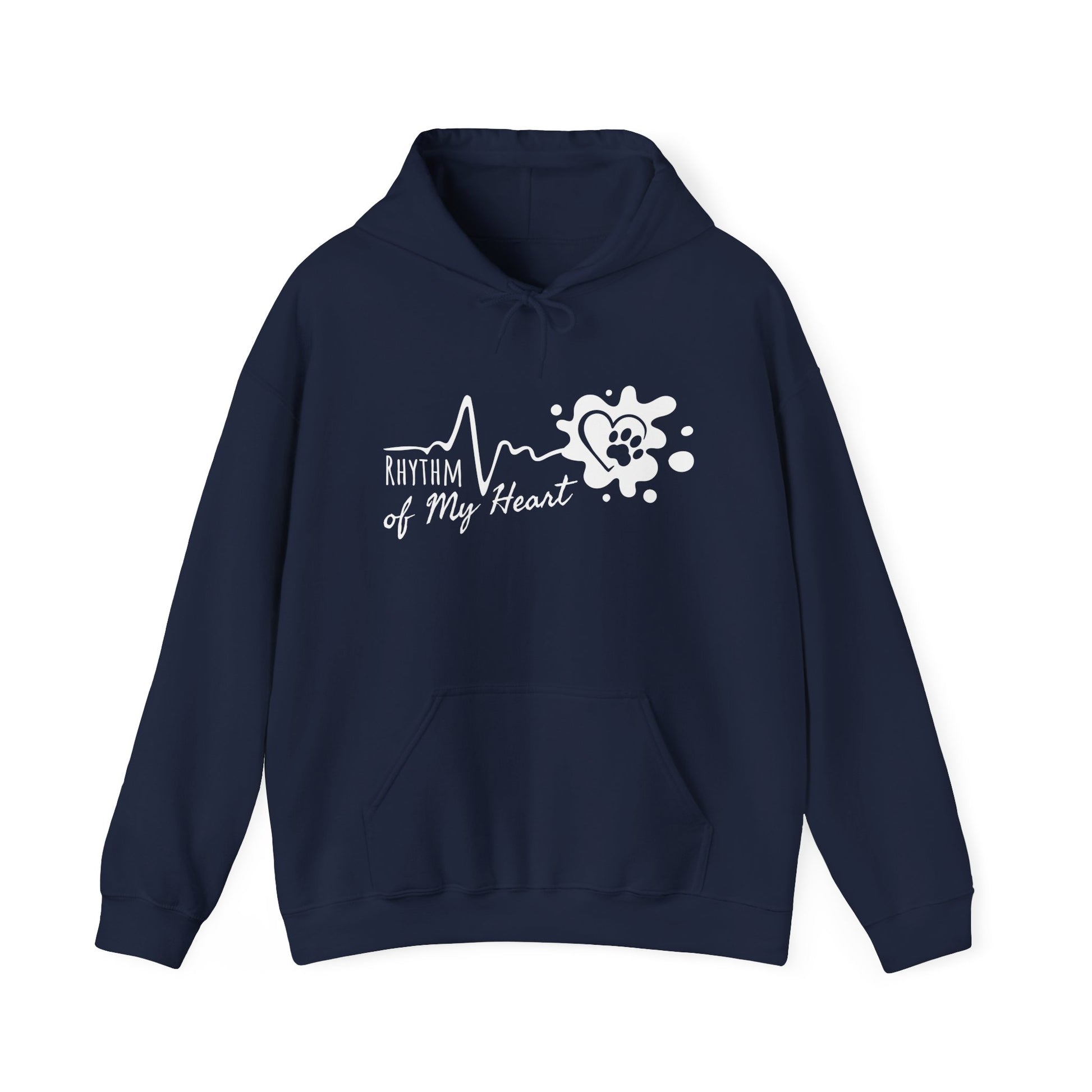 Navy blue hoodie with 'Rhythm of My Heart' design on a white background