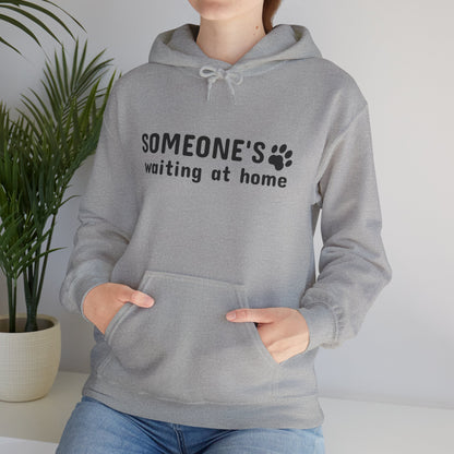 Person wearing a gray hoodie with text and paw print design, standing indoors with a plant in the background.