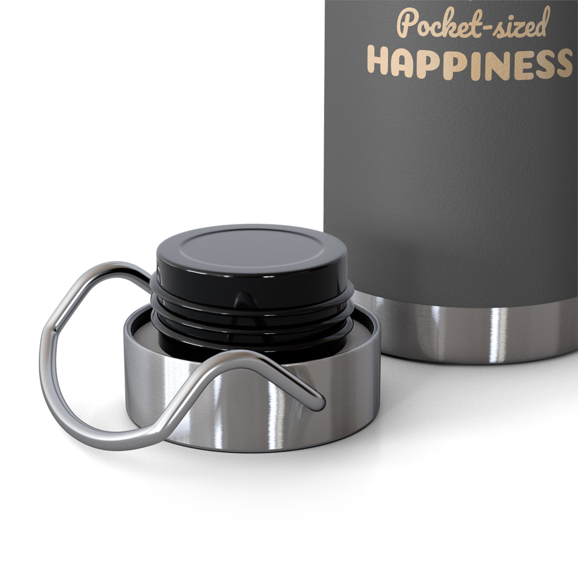 Stainless steel mug with black lid and carabiner on a white background, featuring the text 'Pocket-sized HAPPINESS'.