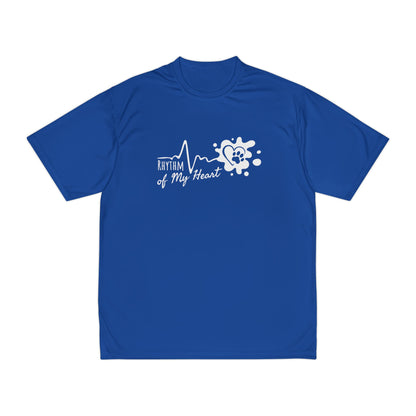 Blue t-shirt with 'Rhythm of My Heart' design on a white background