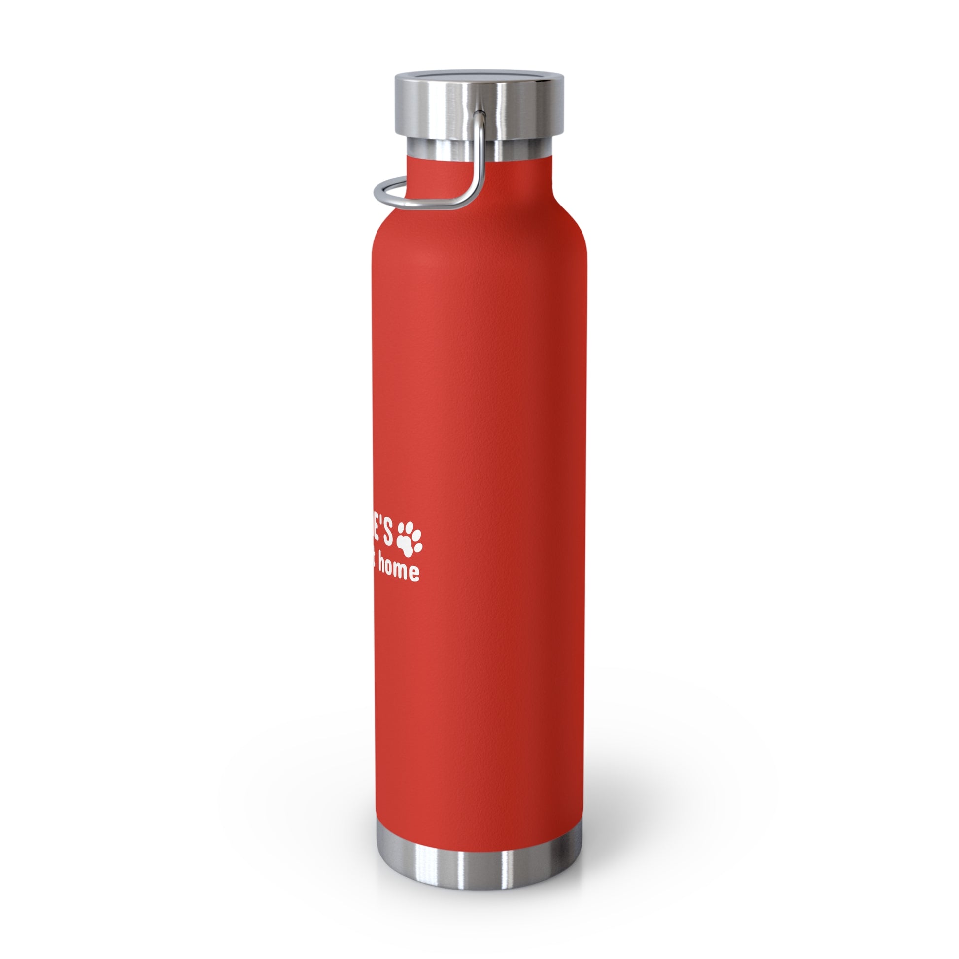 Red water bottle with silver cap on a white background