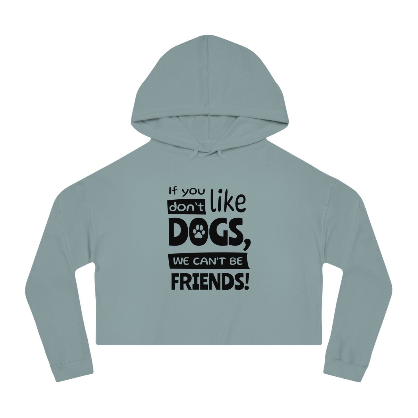 Light blue hoodie with text 'If you don't like dogs, we can't be friends!' on a white background